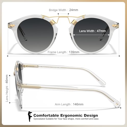CARFIA Double Bridge Small Acetate Sunglasses for Women Polarized, Retro Metal Brow Ladies Sunnies Fashion Round Eyewears - color: 4. Transparent Frame Gradient Grey Lens