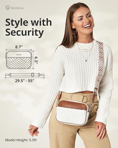 Vantamo Premium Quilted Crossbody Bags for Women with Anti-Pickpocket Clip, Vegan Leather Handbags, Travel Purses for Women - color: Shoulder Bag Snow & Brown Jacquard Strap