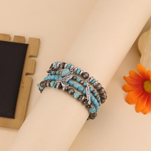 Western Outfit for Women Bohemian Vintage Stackable Turquoise Bracelet Rustic Beaded Cow Head Charm Stretch Bracelet Western Jewelry Country Concert Outfits for Women - style: Style4