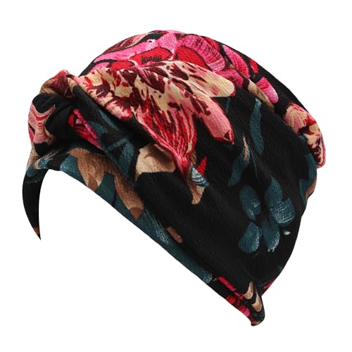 ZLYC Chemo Headwear for Women Pre Tied Turban Headwear Lightweight Beanie Hat - color: Flowers Black