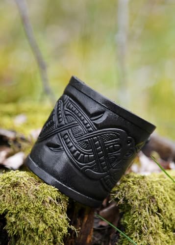 Ulfberth - Pair of Genuine Leather Bracers with Embossed Dragon Motif in Jelling Style - Viking Wristband - color: Black