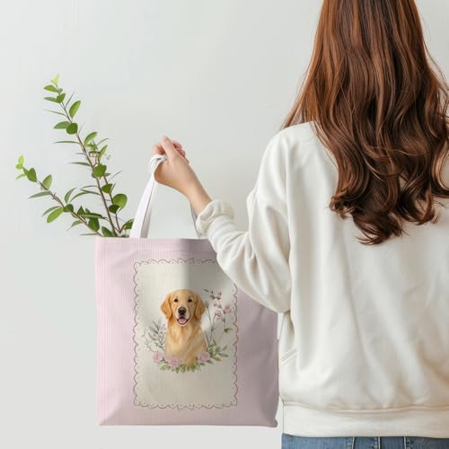 Preppy Animal Tote Bag, Pet Canvas Tote Bag, Reusable Grocery Shopping Shoulder Bags - color: Golden Retriever