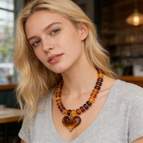 Chunky Colorful Beaded Statement Boho Summer Beach Chokers Necklace Heart Pendant Pink Green Yellow Brown Fashion Jewelry - color: Gold-brown4