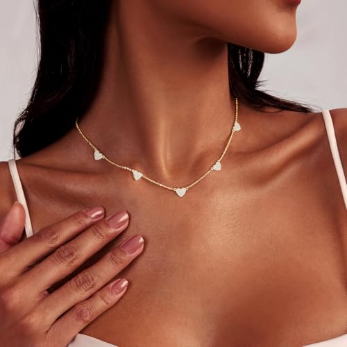 Luxval Diamond Pendant Gold Necklace for Women，Dainty 18k Gold Plated Choker Necklaces Simple Gold Jewelry Gifts for Women Girls - color: Gold-5 CZ heart