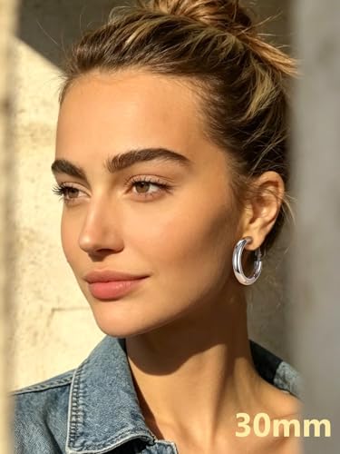 Bestyle 5mm Thick Gold Hoop Earrings Hypoallergenic Hoops for Sensitive Ears Trendy Lightweight Chunky Earrings for Women 30/40/60/80mm - color: 01-Silver, size: 30mm