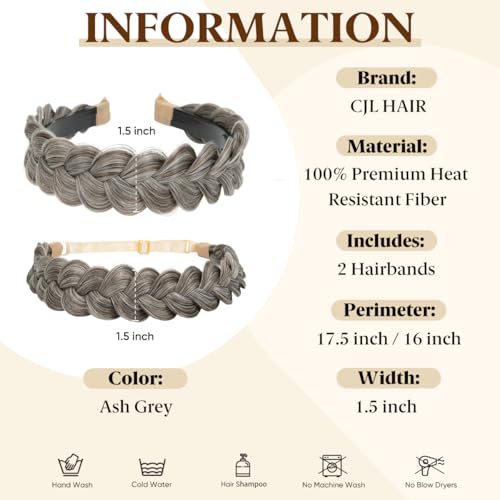 CJL HAIR 2PCs Braided Headbands Hair Piece for Women Synthetic Hair Hoops Head Bands Handmade Braid Hairband Accessories Elastic Stretch Headwrap Ash Grey - color: 2PCS-Ash Grey