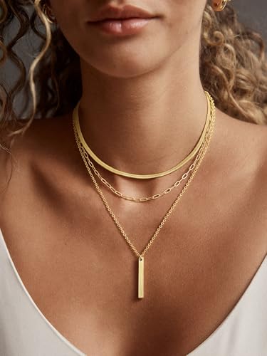 BERISO 14K Gold Plated Layered Necklace for Women, 3 Layer Dainty Gold Necklace with Minimalist Pendant, Elegant Everyday Gold Jewelry Gift - style: layered necklace-F