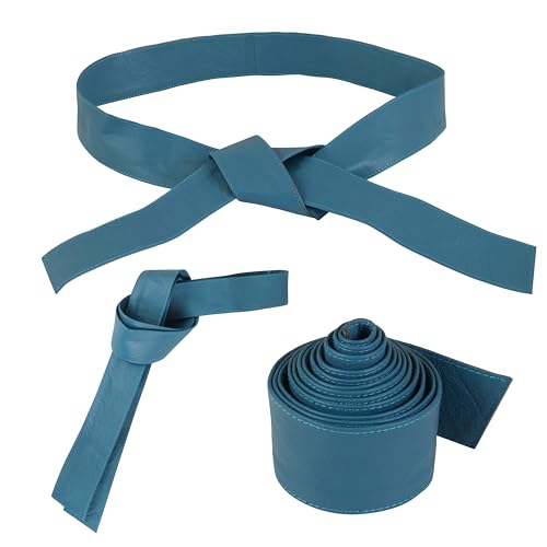 Woman's Obi Sash Tie Plus Size Waist Band Wide Solid Color Genuine Leather Belt - color: Sky Blue