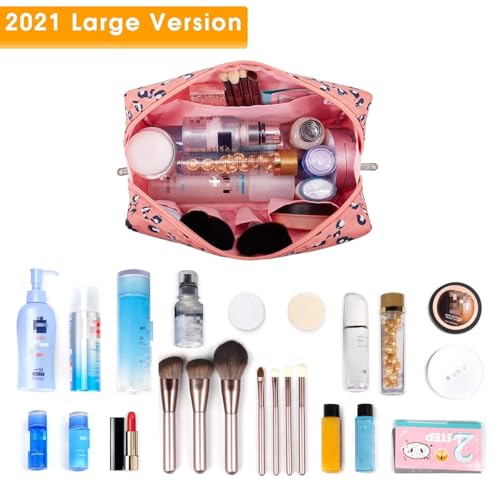 Narwey Cute Cheetah Makeup Bag Travel Cosmetic Bag Organizer Toiletry Bag Make Up Bags with Compartments for Women Girls (Large, Leopard) - color: Leopard, style: Large