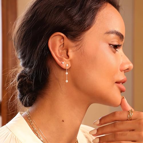 Moodear Dainty Pearl Dangle Earrings for Women - Trendy 14K Gold Plated Pearl Hypoallergenic Drop Earring Wedding Jewelry Gift - style: pearl-drop silver