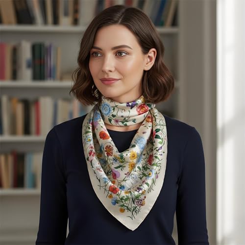 Premium Floral Scarf for Women 35x35 Square Silk Feel-Lightweight Scarves Headscarf Bandanas Wrapping Handbag - color: Apricot