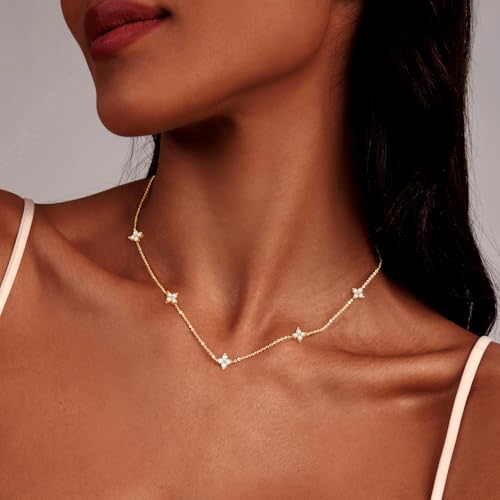 Luxval Diamond Pendant Gold Necklace for Women，Dainty 18k Gold Plated Choker Necklaces Simple Gold Jewelry Gifts for Women Girls - color: Gold-5 CZ flower