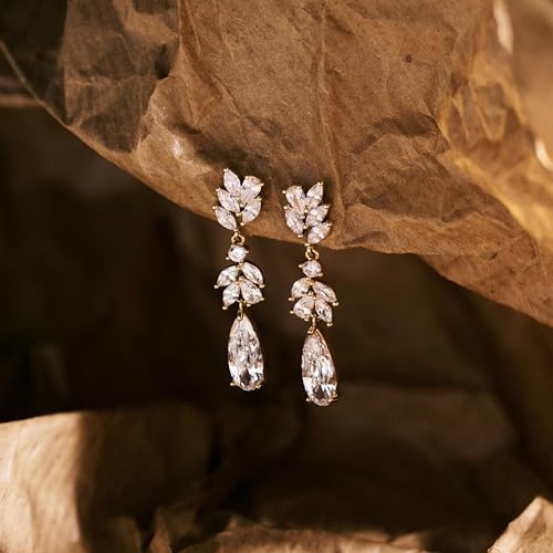 Pearl Earrings for Women, 14k Gold Plated Trendy Diamond Pearl Drop Earrings Hypoallergenic Dainty Bridal Gifts Wedding jewelry for Women - color: Wheat-Gold