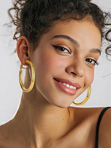 Stainless Steel Chunky Hoop Earrings For Women, Minimalist and Chic, Black/Gold Plated, Round Hoops Earrings Hypoallergenic, Size: 30mm/40mm/60mm/80mm, Come with Box - color: 1. Gold, size: 50MM