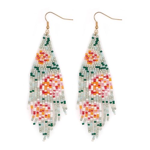 Flower Black Beaded Long Tassel Western Native American Earrings For Women Dangling - color: rose