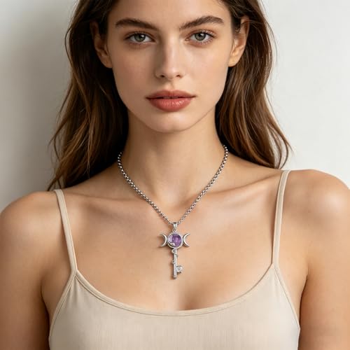 INFUSEU Mystical Hecate Triple Moon Goddess Necklaces, Divine Feminine Protection Gifts - style: Amethyst Hecate Key