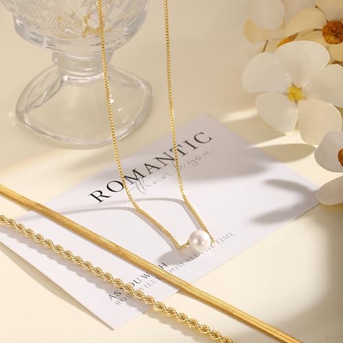 Layered Gold Necklace for Women Trendy 14K Gold Plated Heart CZ Pendant Layered Gold Necklaces Set Coin Choker Necklaces Simple Circle Cubic Zirconia Pearl Necklace Stack Herringbone Paperclip Chain Jewelry Set - style: 3PCS-Snake chain + Pearl-GD