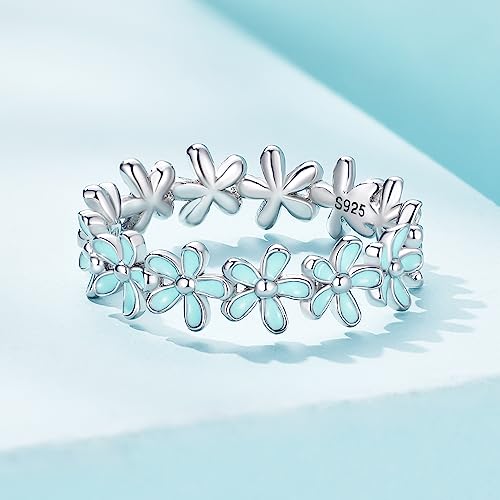 MUNDELL 925 Sterling Silver Dainty Daisy Rings Blue Flower Finger Rings for Women Stacking Promise Rings Fine Jewelry - color: Blue
