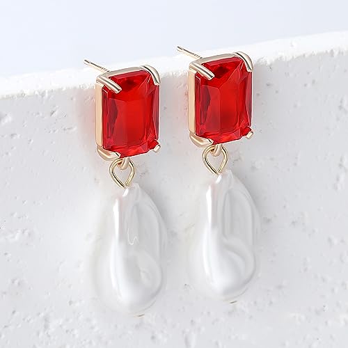 Fashion Pearl Drop Earrings for Women With Crystal - Rhinestone Statement Earrings with Pearl Dangling Studs - Large White Baroque Pearl Earrings for Bridesmaid Wedding Party Birthday Holiday - color: Red