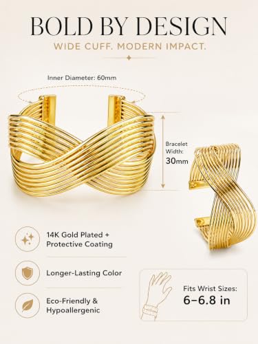 Gold Cuff Bracelets for Women, 14K Gold Plated Open Cuff Bangle Bracelet with CZ Pave, Minimalist Stackable Chunky Gold Bracelet for Women - color: Gold Wide Crossover Cuff