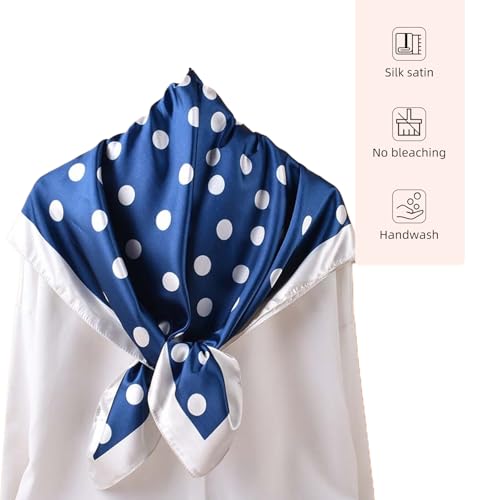 35” Satin Large Square Head Scarves-Like Silk Satin Scarf for Hair Wrapping at Night Bandana Square Scarf for Sleeping - color: Big Polka Point-blue