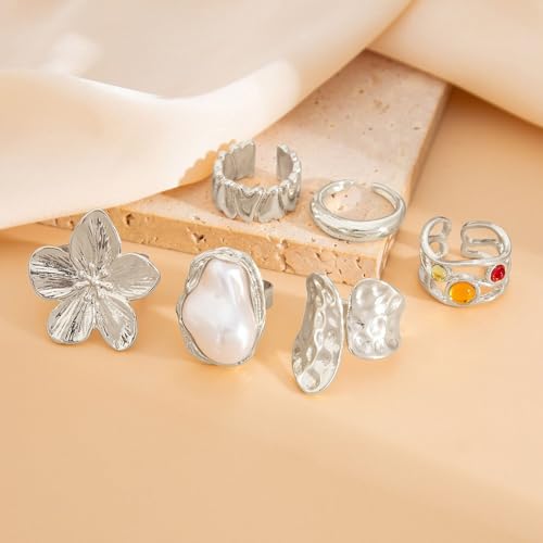 Gold Silver Chunky Ring Set for Women,Open Stacking Knuckle Statement Ring,Boho Flower Baroque Pearl Rings Set,Minimalist Aesthetic Rings Jewelry Gifts - color: Silver