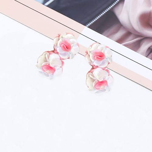 Oversized Fabric Flower Earrings for Women Statement Boho Chic Dangle Drop Earrings for Parties Weddings or Everyday Wear - color: Pink White