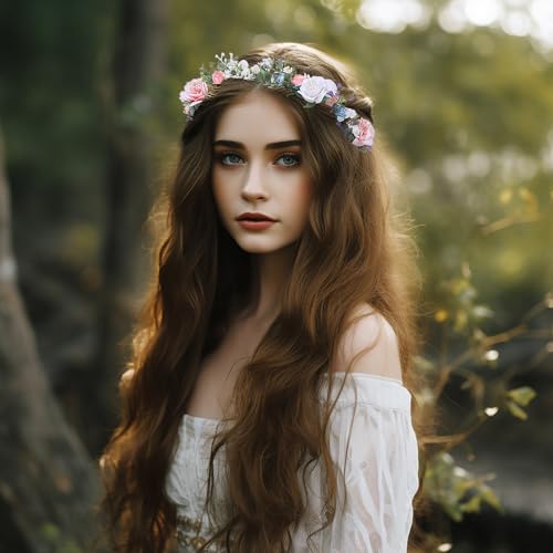 Vivivalue Bridal Floral Headband Rose Flower Crown Hair Wreath Floral Headpiece Halo Boho with Ribbon Wedding Party Photos - color: 52