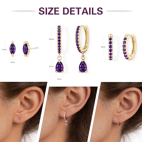14K Gold Plated Small Huggie Hoop Earrings Set for Women, Hypoallergenic Dainty Sterling Silver Dangle Studs for Cartilage Helix, Lightweight Trendy Cute Stack Birthstone Jewelry Gift - color: 02_Amethyst_Feb_Gold