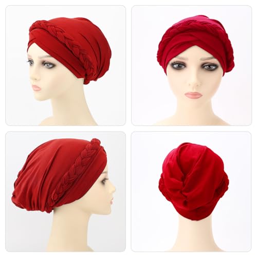 DRESHOW Turban Pre-Tied Twisted Hat Thread African Head Wraps for Black Women Chemo Cancer Cap Braid Hair Cover - color: 1 Pc Twisted Braid: Red