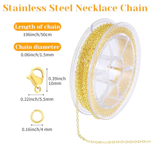 Wanmu 9.8Ft Necklace Chain for Jewelry Making, Gold Plated Stainless Steel Link Cable Roll with 10 Lobster Clasps, 30 Open Jump Rings for Men Women DIY Craft Charm Bracelet Supplies (1.5MM) - color: Gold