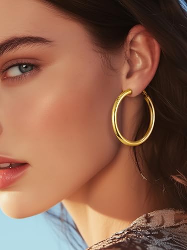 Stainless Steel Chunky Hoop Earrings For Women, Minimalist and Chic, Black/Gold Plated, Round Hoops Earrings Hypoallergenic, Size: 30mm/40mm/60mm/80mm, Come with Box - color: 1. Gold, size: 60MM