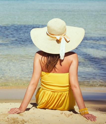 Lanzom Womens 5.7 Inches Big Bowknot Straw Hat Large Floppy Foldable Roll up Beach Cap Sun Hat UPF 50+ - color: Khaki