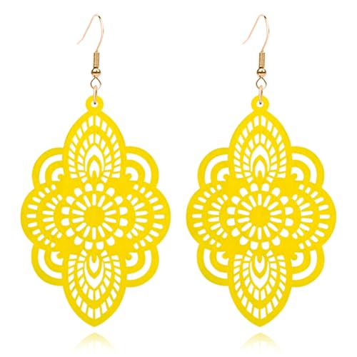 Bohemian Wood Earrings Natural Retro Lightweight Hollow Pattern Geometric Wooden Dangle Drop Earrings Statement Vintage Jewelry - color: Yellow
