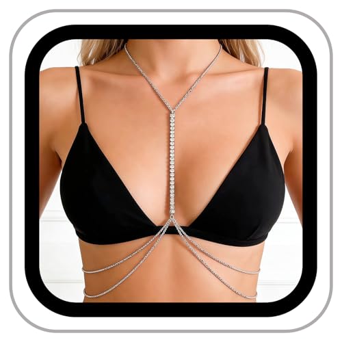 14k Gold Plated Cross Waist Body Chain for Women, Sexy Bra Body Chains & Belly Chain, Waist Beach Jewelry for Vacation Accessories - style: Row of diamonds - silver