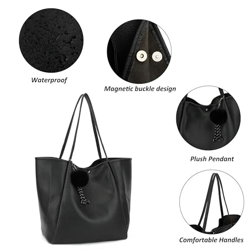 TANTOMI Tote Bag for Women Vegan Leather Purses and Handbags Ladies Waterproof Big Shoulder Bag for Travel - color: Black