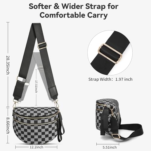 Checkered Crossbody Bag for Women Bum Bag Spacious Nylon Fanny Packs Cross Body Shoulder Purses Bag Handbags - color: Dark Gray Checkered