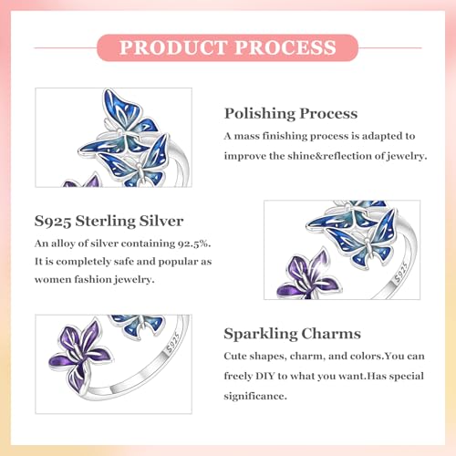 PARCOM Adjustable Women Stackable Ring, 925 Sterling Silver Open Rings - Trendy Eternity Cubic Zirconia Stackable Band Engagement Promise Ring for Her, Hypoallergenic Non Tarnish Nature Bird Floral Thumb Rings - color: Moonlit Butterfly Iris
