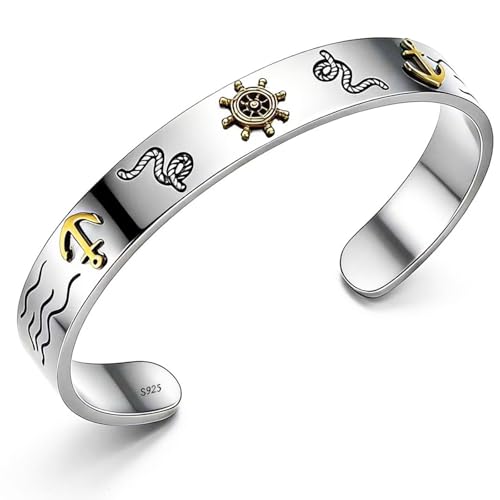 Kim Carrey S925 Sterling Silver Bracelet, Stacked Bracelets Open Bangle Cuff Design, Men's Gift Jewelry for My Man - style: Nautical style