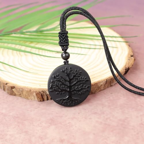 Obsidian Tree of Life Necklaces Orgonite Healing Crystal Stone Pendant Necklace for Spiritual Healing and Meditation Energy Talisman Sacred for Men Women - color: Black obsidian 1