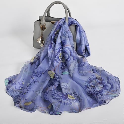 100% Mulberry Silk Women's Neck Silk Scarf-Lightweight Shawl,FLoral Print Beach Silk Wrap-Scarves for Photography - color: Blue