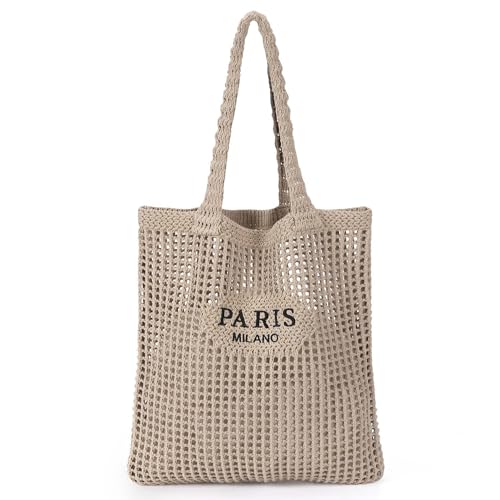 Ayieyill Crochet Tote Bag For Women, Crochet Mesh Beach Tote Bag Summer Vacation Aesthetic Boho Knit Bag for Women - color: G/Light Khaki