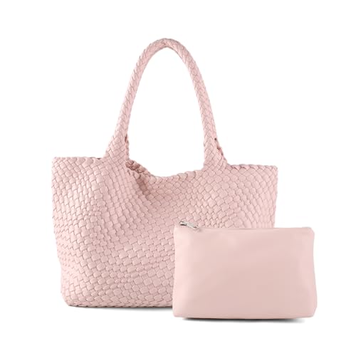 Woven Tote Bag Womens Purse Vegan Leather Shoulder Handbags Fashion Summer Beach Tote Bags Large Travel Totes - color: Pink