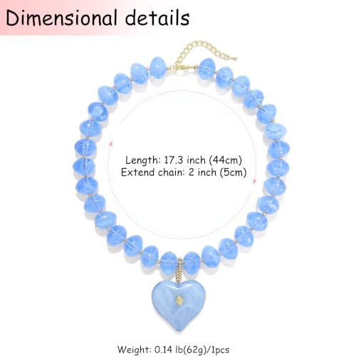 Elegance 11 designs Chunky Heart Necklace for Women, Colorful Acrylic Beaded Statement Puff Heart Necklace, Cute Boho Y2K Choker Necklace for Gift Jewelry - color: Transparent blue