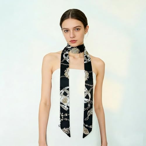 Long Thin Skinny Scarf Satin Neckerchief Ribbon Tie Waist Belt for Women - color: Chain Black