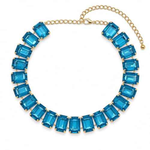Fashionable Chunky Plated Tennis Rhinestone Statement Necklace Jewelry Set for Women Multicolor gem necklace with Great Sparkle and Shine Design for Women to Easy Match - color: lake blue square rhinestone
