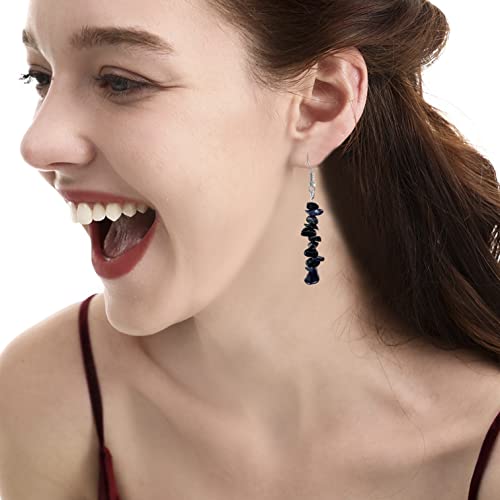 Handmade Bohemian Vintage Silver Nature Stone Beads Long Dangle Drop Earrings for Women - color: Black