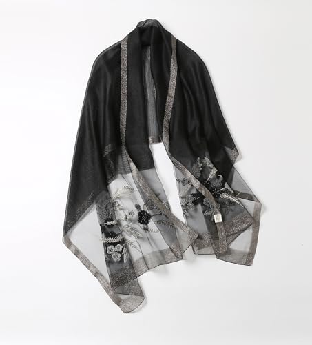Jeelow Silk Blend Floral Fashion Scarf Shawl Wrap Lightweight Sheer For Women Floral Embroidery Wedding Party Prom - color: Midnight Silver
