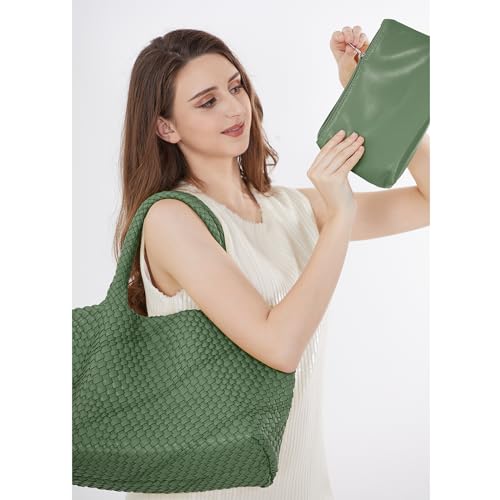 Woven Tote Bag Womens Purse Vegan Leather Shoulder Handbags Fashion Summer Beach Tote Bags Large Travel Totes - color: Grass Green