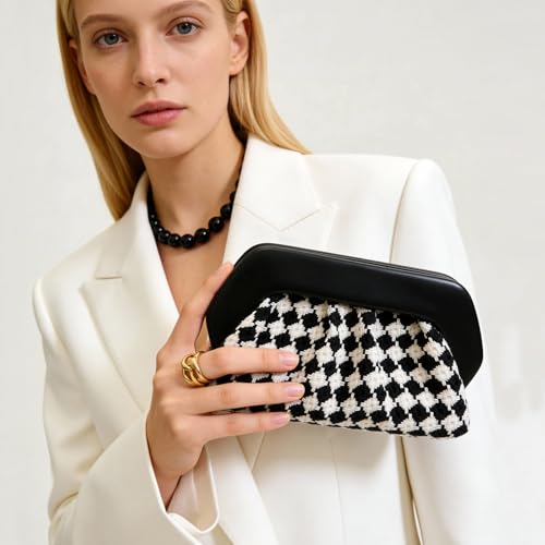ENBEI Women's Checkered Crochet Evening Clutch Faux Leather Small Handbag Purse for Wedding Party Daily Use | Checkered Crochet